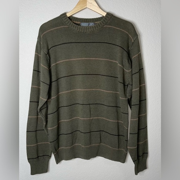 Oscar De La Renta Vintage Crewneck Sweater Olive Green Striped Large - Picture 1 of 5